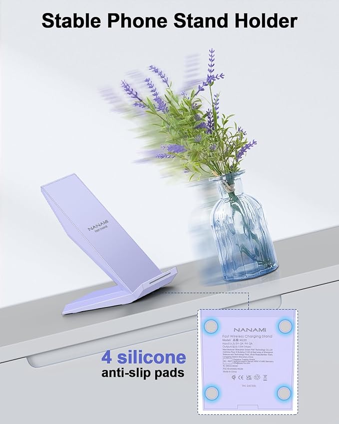 NANAMI Wireless Charger - Fast Qi-Certified Wireless Charging Stand Compatible Apple iPhone 17/17 Pro/17 Pro Max/16/15/14/13/12 Pro, Desktop Phone Charger for Samsung Galaxy S25/S24/S23/S22/S21