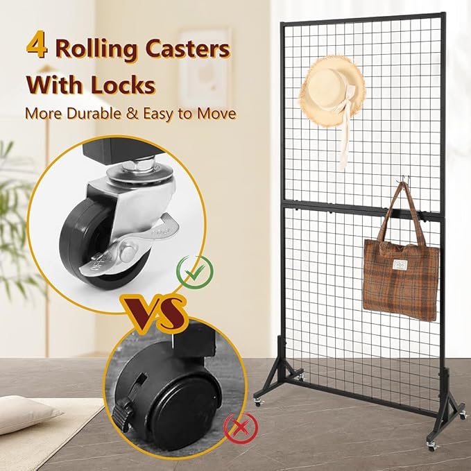 3' x 6' Grid Wall Panels Standing Wire Grid, Study Display Rack with T-Base Wheels Freestanding Gridwall Panel Tower for Shows, Black