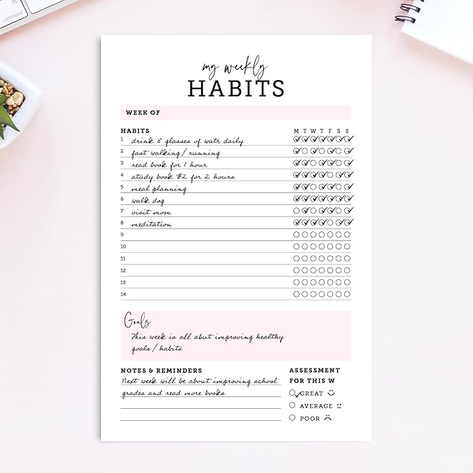 CARDAMONOLY Habit Tracker Notepad in Black and Light Pink- 50 Page Tear Off Planning Pad - 6 x 9 - High Performance Planner - Chore Chart for Adults - Weekly Planner Undated - Self Care Planner
