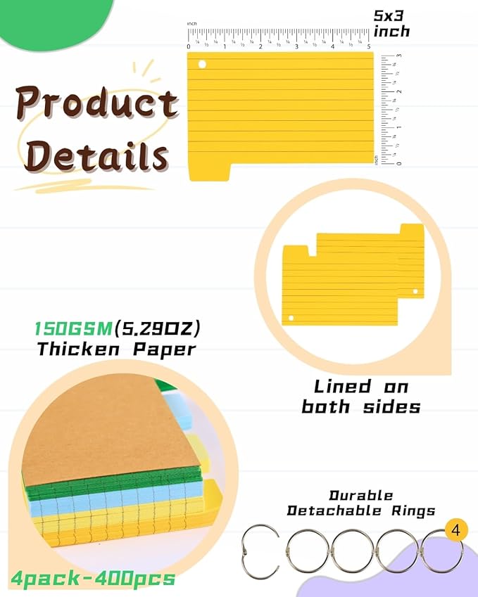 Tabbed Index Cards with Ring 3x5, Lined Colored Flash Card with Tabs, Assorted Colors Thicken Notecards School Supplies for Students Study Note Office Essentials (ColorA+ColorB+2White, 400PCS)