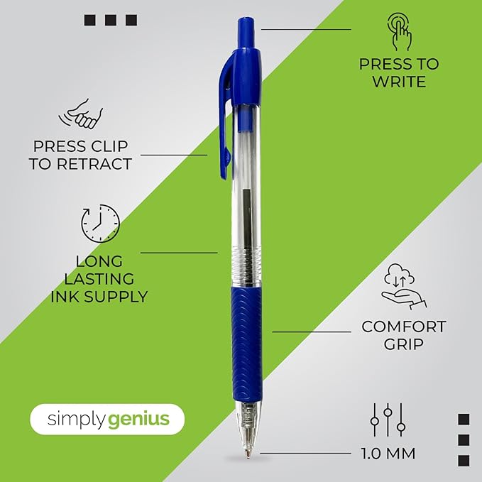 Simply Genius Blue Ballpoint Pens - 200 Bulk Pens, Retractable, Blue Ink - Smooth Writing & Ergonomic for Note Taking & Journal Supply