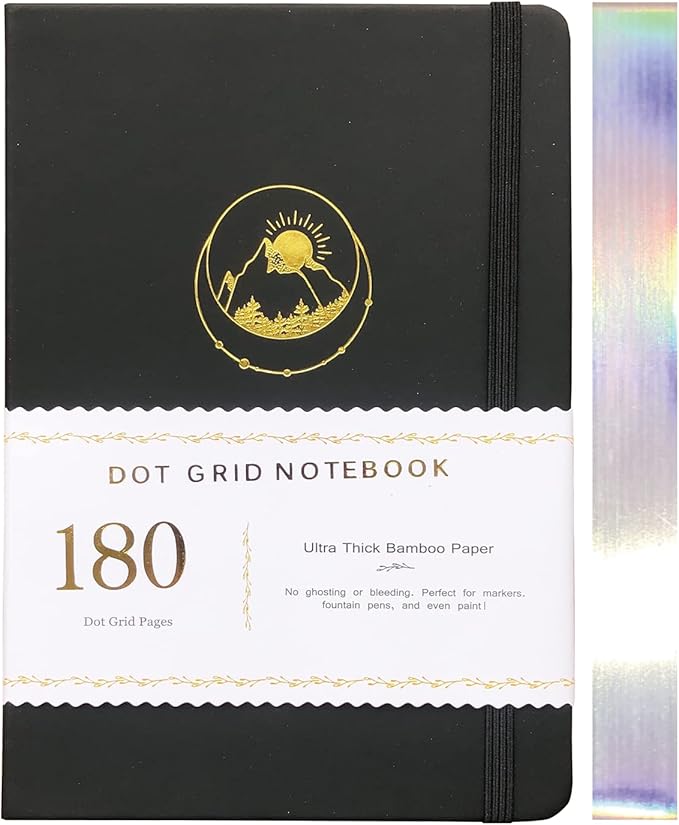 BUKE Dotted Notebook Journal 180GSM Bamboo Thick White Paper 160 Pages 5 * 5MM Dot Grid, Lay Flat Binding,Colored Silver Edges, Bookmarks and Expandable Back Pocket (BKP-2)