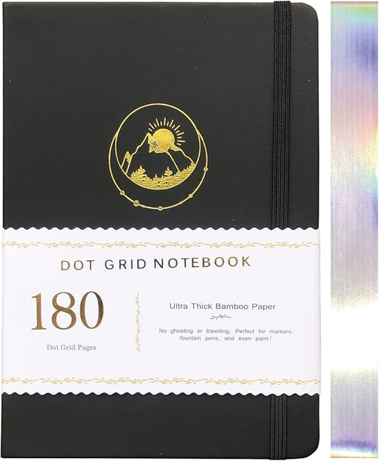 BUKE Dotted Notebook Journal 180GSM Bamboo Thick White Paper 160 Pages 5 * 5MM Dot Grid, Lay Flat Binding,Colored Silver Edges, Bookmarks and Expandable Back Pocket (BKP-2)