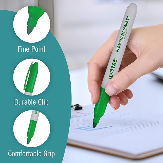 EXTRIC Permanent Markers Green, 12 Count Fine Point Markers, Quick Drying, Works on wood, Paper, Plastic, Metal and Glass, for Home, Office and School