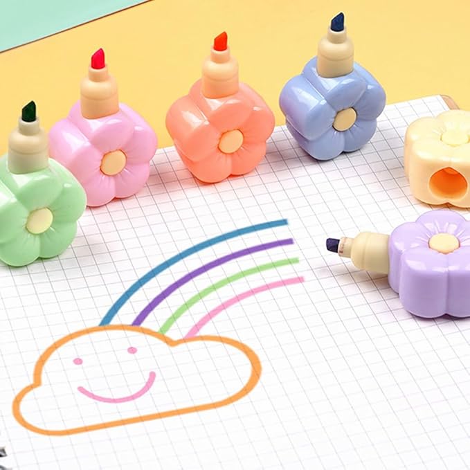 Set of 5 Cute Flower Color Highlighter Markers with 1 Cap, Multicolor Highlighter Pens for Office.