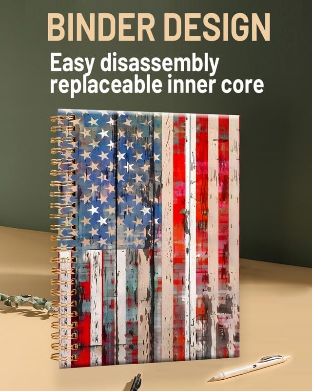 Spiral Journal Notebook for Women,A5 College Ruled Notebooks 6"x 8.4", 120 Pages (60 Sheets) Lined Journal with Premium Thick Paper,Perfect for School Office Home(Old American Flag)