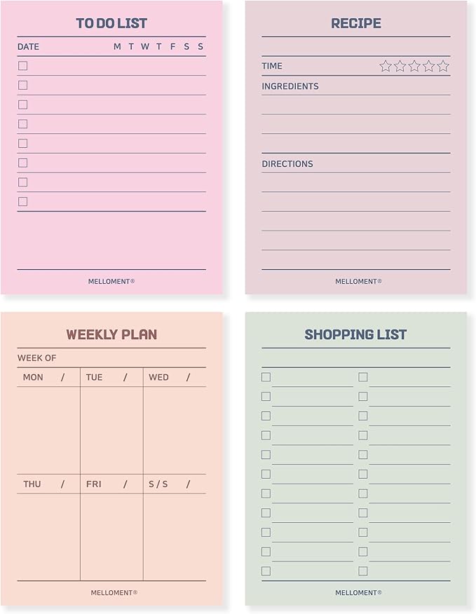 Day By Day Mini Planner Pads, Aesthetic Korean Style Tear-off Planning Pad, Pack of 4 Designs, 100 Sheets each design (Total 400 Sheets), Lovely Assorted Color, Portable Size 3.15 x 4.13", SET_E [ To Do List + Shopping List + Weekly Plan + Recipe ]