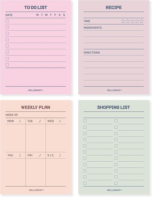 Day By Day Mini Planner Pads, Aesthetic Korean Style Tear-off Planning Pad, Pack of 4 Designs, 100 Sheets each design (Total 400 Sheets), Lovely Assorted Color, Portable Size 3.15 x 4.13", SET_E [ To Do List + Shopping List + Weekly Plan + Recipe ]