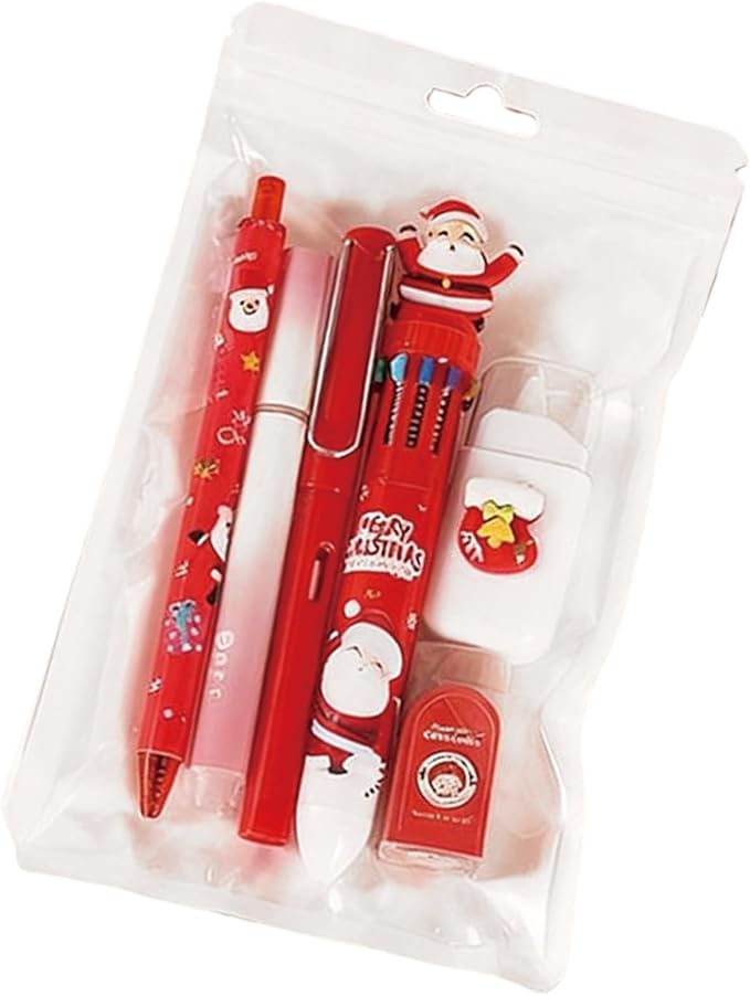 6 Pcs Cute Christmas Stationery Set for Girls Boys Women Men Xmas School Supplies Office Supplies Including Gel Ink Pens Ballpoint Pens Pencil Eraser Christmas Gift (Xmas-Red)