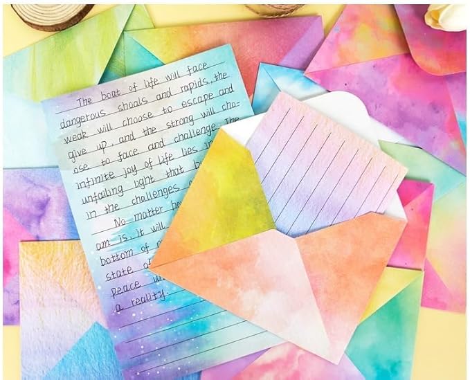 160 Packs Stationery Paper Set (50 Single-Sided Stationery Writing Papers 50 Matching Envelopes) 60 Round Dot Sticker, 10 Design Colorful Letter Paper Stationary Stes,5.5 x 8.25 Inch. (Watercolor)