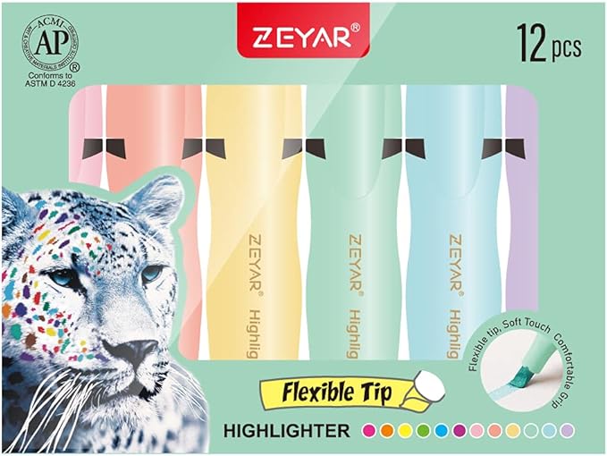 ZEYAR Aesthetic Highlighter Pen, Chisel Tip Marker Pen, AP Certified, Assorted Colors, Water Based, Quick Dry, Cute Highlighters, Patented Product (6 Macaron Colors & 6 Candy Colors)