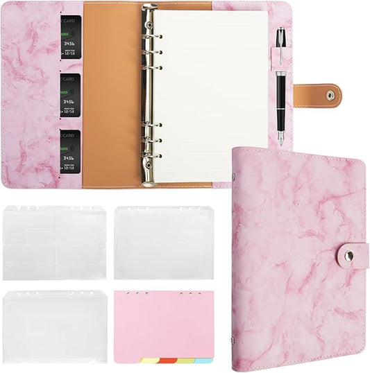 FYY A5 Binder Refillable Planner Notebook 6 Ring PU Leather Binder Journal with Pockets, Dividers, Refill Paper Marble Pink