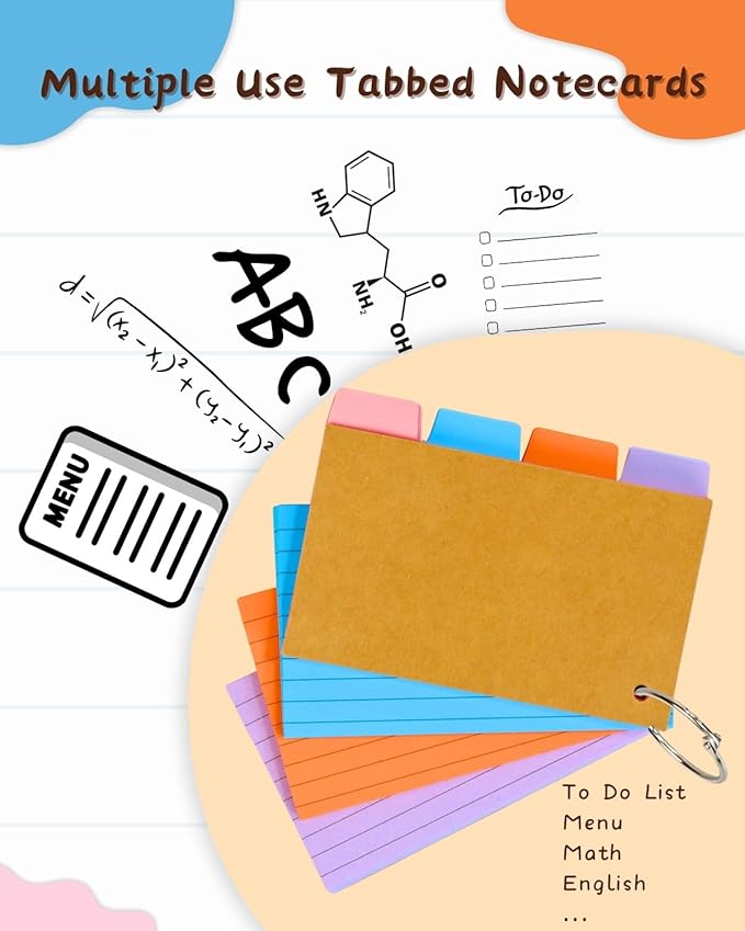 Tabbed Index Cards with Ring 3x5, Lined Colored Flash Card with Tabs, Assorted Colors Thicken Notecards School Supplies for Students Study Note Office Essentials (ColorA+ColorB, 200PCS)
