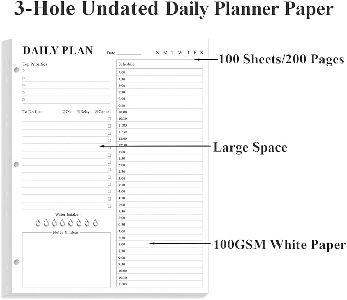 Undated Daily Planner Refill - A4 Planner Inserts, To Do List Refills, 100 Sheets/200 Pages Planner and Lined Refill, 3 Hole Punched, 100 gsm White Paper, 8.5'' x 11''
