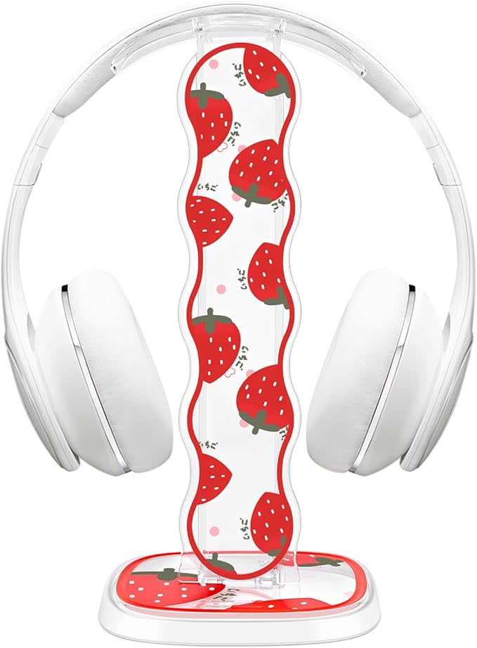 CamyCosy Headphone Stand Gaming Headset Holder for Desk,Clear Pretty Strawberry Flowers Pattern Cellphone Stand Earphone Stand Desk Accessories for All Headphones Size