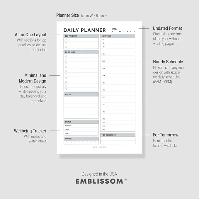 Daily Planner Notepad, 5.5 x 8.5" Tear-Off Pad – 70 Undated Sheets Focus-Enhancing Desktop Organizer with Hourly Schedule, To-Do List for Work, School (White, Checkbox, 1 Pack)