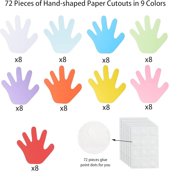 72 Pieces Hand Cutouts Paper Hand Shape Cut-Outs Assorted Color Handprint Shape Cutouts Blank Creative Paper Cutouts for Kids DIY Craft Art Project Home School Classroom Decorations