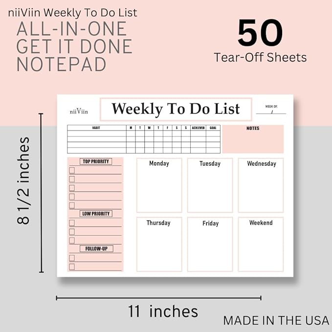 Undated Weekly Planner Notepad - Calendar with Habit Tracker, ADHD Planner for Adults, Weekly To Do List Notepad, 50 Tear-Off 8.5" x 11" Sheets, Extra Thick Backing