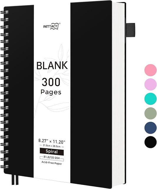 RETTACY Blank Journal Notebook, 300 Pages, A4 Large Size (8.2'' x 11.2''), 120 GSM Thick Paper, Flexible Plastic Cover, Spiral-bound, for Sketching, Drawing, Painting (Black)