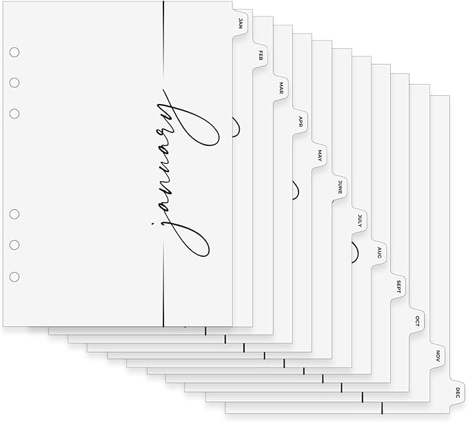 A5 Monthly Binder Index Dividers with Monthly Index Tab, 6 Holes Heavy-Duty Paper Card Dividers for Journals, Binders, Notebooks, Planners 8.2”x5.8”