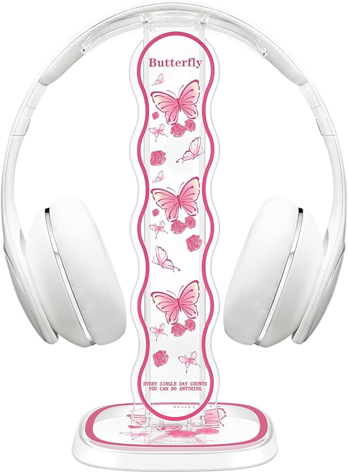 CamyCosy Headphone Stand Gaming Headset Holder for Desk,Pink Butterfly Pattern Clear Cellphone Stand Earphone Stand Desk Accessories for All Headphones Size