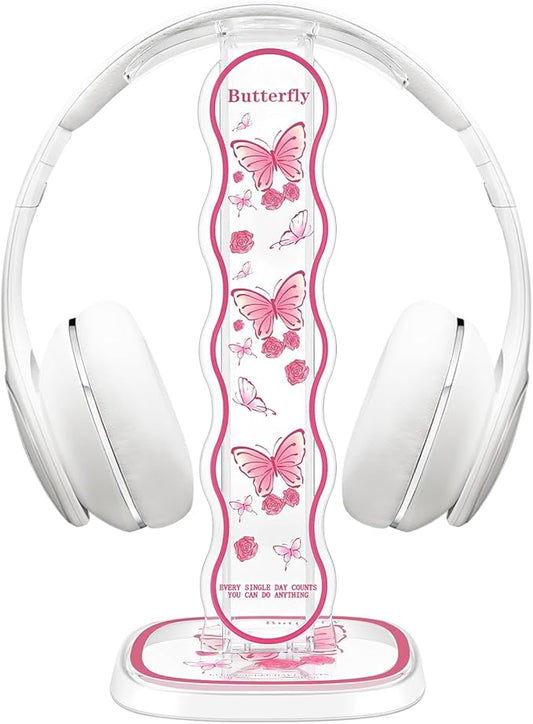CamyCosy Headphone Stand Gaming Headset Holder for Desk,Pink Butterfly Pattern Clear Cellphone Stand Earphone Stand Desk Accessories for All Headphones Size