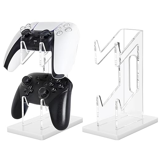FYY Game Controller Holder 2 Tiers - Universal Dual Controller Stand with Headphone Holder, Acrylic White Display Stand Compatible with Nintendo Switch Xbox PS5 PS4, Desk Mount