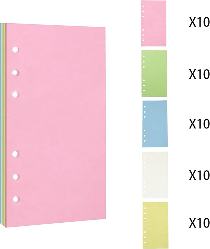 A6 Planner Inserts,Colorful Line Journal Fillers for 6-Ring Binder,5-Color Loose Leaf Planner Filler Paper (50, A6-BLANK)