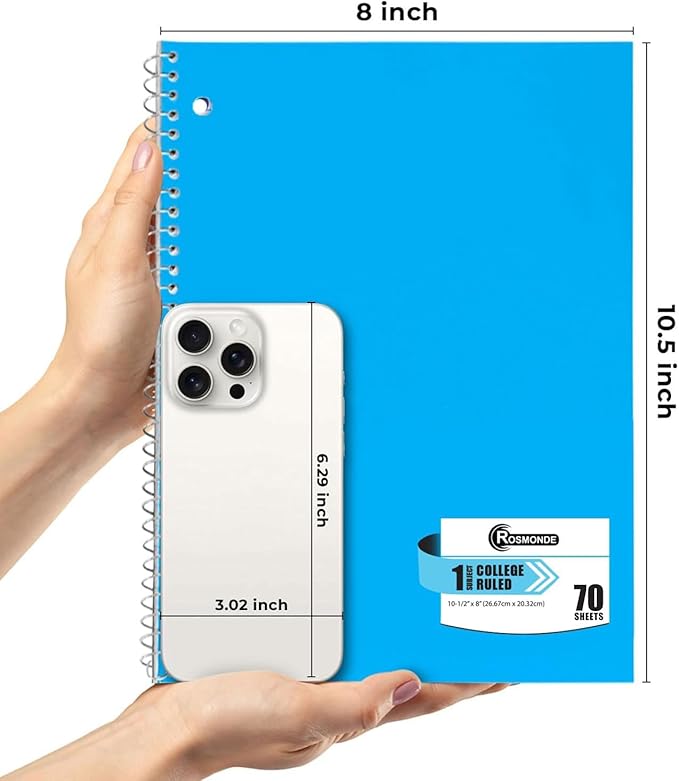 Rosmonde Spiral Notebook, 12 Pack, 1 Subject, College Ruled, 70 Sheets, 8 x 10-1/2", 3 Hole Punched, Bulk College Ruled Notebooks for School, Single Subject Spiral Notebook Bulk, Assorted Colors