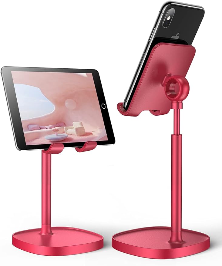 LISEN Cell Phone Stand Adjustable Phone Holer for Desk, Computer Office Desk Accessories for iPhone 16 Holder Women Kitchen Essentials Fits All Mobile Phones Switch Kindle iPads Tablet 4-10in Red