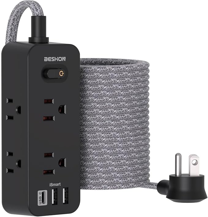 Extension Cord 25FT, BESHON Power Strip Surge Protector, 6 Outlets with 3 USB Ports(1 USB C Outlet), 3-Side Outlet Extender, Wall Mount, Compact for Travel, Home, College Dorm Room, and Office, Black