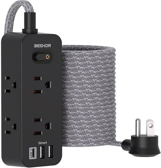 Extension Cord 20FT, BESHON Power Strip Surge Protector, 6 Outlets with 3 USB Ports(1 USB C Outlet), 3-Side Outlet Extender, Wall Mount, Compact for Travel, Home, College Dorm Room, and Office, Black