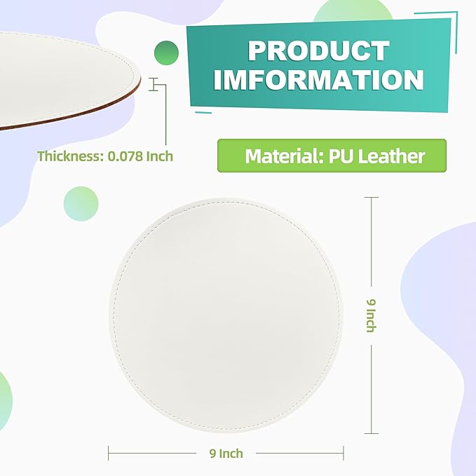 Mouse Pad，Round Mouse Pad，PU Mouse Pad，Leather Mouse Pad with Stitched Edge Micro-Fiber Base with Non-Slip Waterproof，Mouse Pad for Computers，Laptop，9 x 9 Inch (Lily White)