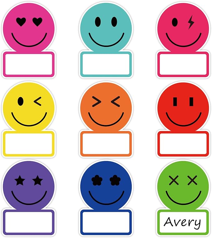 Whaline 135Pcs Rainbow Smile Face Name Tag Sticker Back to School Nameplate Sticker 9 Designs Happy Face Bright Colors Label Decal Cute Classroom Bulletin Board Decor for Office Desk Wall Decor