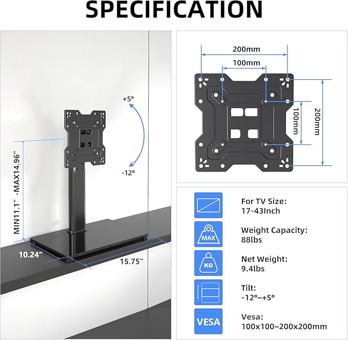 Universal TV Stand Base, Table Top TV Stand for 17-43 Inch LCD/LED TVs, Height Adjustable Monitor Mount Stand with Tempered Glass Base Holds up to 88lbs VESA 200x200mm, TS103