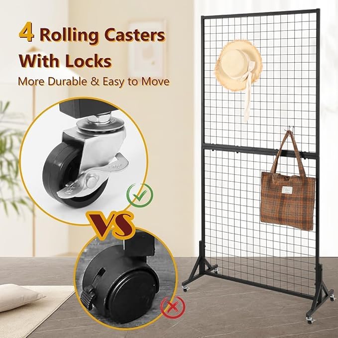 2 Packs 3' x 6' Grid Wall Panels Standing Wire Grid, Study Display Rack with T-Base Wheels Freestanding Gridwall Panel Tower for Shows, Black