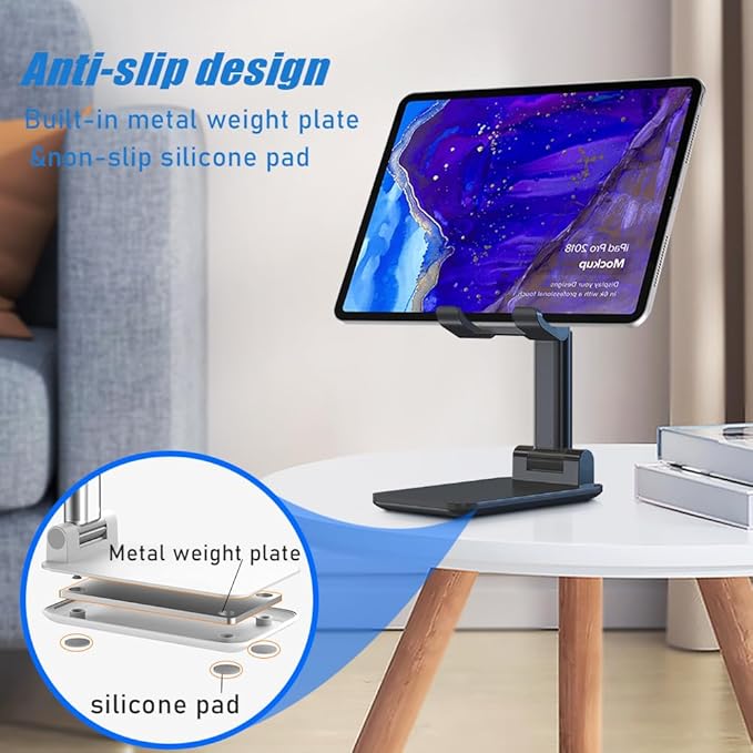 Phone Holder for Desk, MT-6 Cell Phone Stand for Desk Universal Cellphone Stand Holder Foldable & Height Adjustable Compatible Under 8” Device, with Silicone Mat, Black