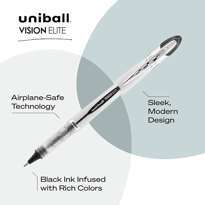 uniball Vision Elite Rollerball Pens, Bold Point (0.8mm), Black, 3 Pack