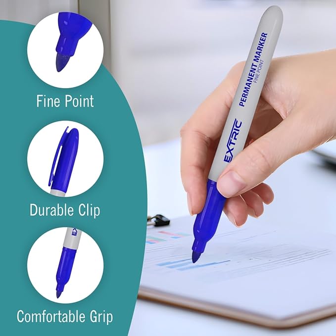EXTRIC Permanent Markers Blue, 12 Count Fine Point Markers, Quick Drying, Works on wood, Paper, Plastic, Metal and Glass, for Home, Office and School