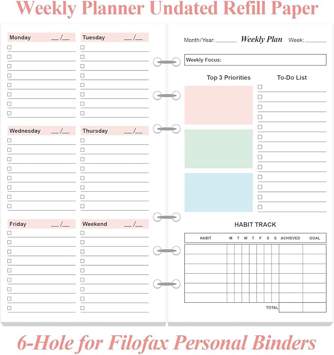 (2-Pack) A6 Weekly Planner Refills for Filofax Personal Binders, 106 Sheets/212 Pages Undated Colorful Weekly Planner, 6-Hole Punched, 100 gsm White Paper, Last 2 Year, 3.75" x 6.75"