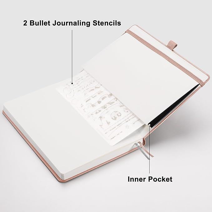 RETTACY Dotted Journal Notebook, 192 Pages, A5 Medium Size (5.7'' x 8.3''), Leather Hardcover, 100 GSM Thick Paper, for Bullet Journaling, Planning, Tracking (Rose Gold)