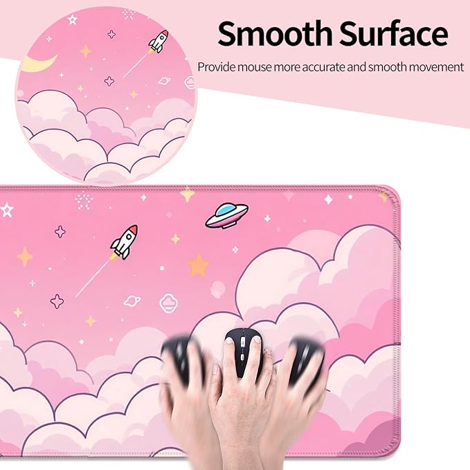 Minimalist Pink Gradient Clouds XL Large Desk Mat, Extended Long Star and Moon Desk Pad for Gaming and Office, Non-Slip Rubber Base, Comfortable Surface Sky Mouse Pad, 31.5x11.8 in