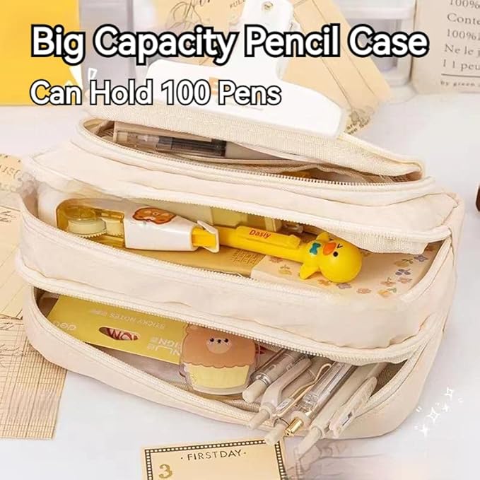 Big Capacity Pencil Case 3 Compartments Large Pencil Pouch Pen Bag Pencil Box Holder Organizer Simple Storage Aesthetic Stationery Cosmetic for Adults Men Women Office Essentials (Blue)