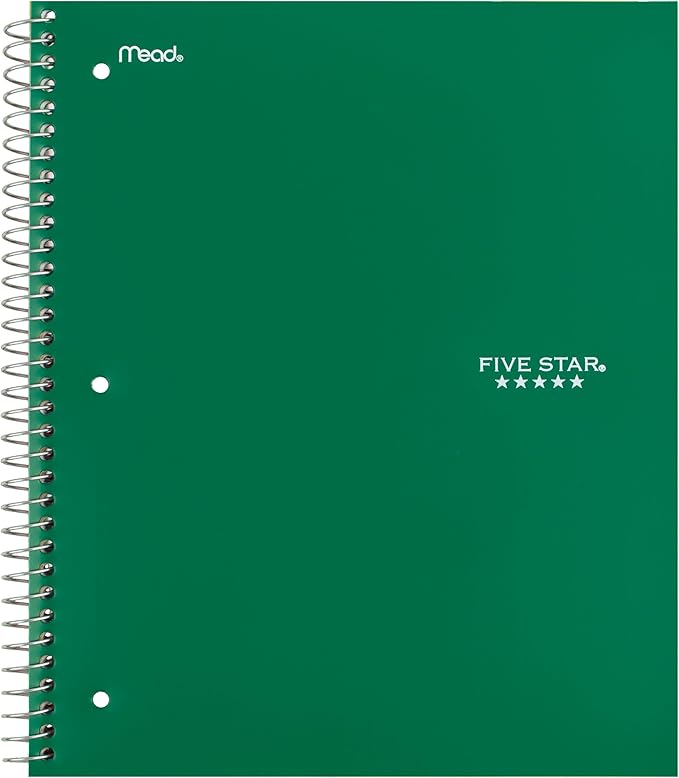 Five Star Spiral Notebook + Study App, 5 Subject, Wide Ruled Paper, 8" x 10-1/2", 200 Sheets, Fights Ink Bleed, Water Resistant Cover, Forest Green (73441)
