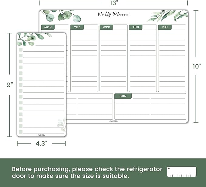 Magnetic Weekly Dry Erase Board for Fridge, Greenery Weekly Calendar Whiteboard Set for Refrigerator - Magnetic Weekly Calendar Planner with 2 List Boards, 4 Markers + Eraser