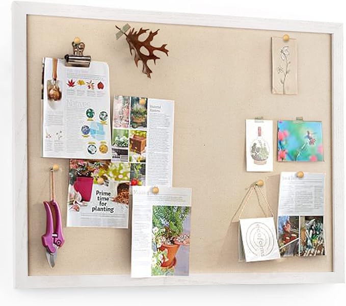 Miratino Large Bulletin Board 23x18 inch with Linen Cork Boards Wall Decor Hanging Pin Wood Framed Display Bulletin Cork Photo Picture Board Light for Room School Office 20-Pushpin Vintage White