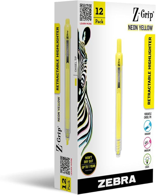 Zebra Pen, Z-Grip Retractable Highlighters, Chisel Tip, Neon Yellow, Transparent Barrel, Click-Style Retractable Design, Built-In Metal Clip, Ideal for School and Office, 12-Pack (71250)