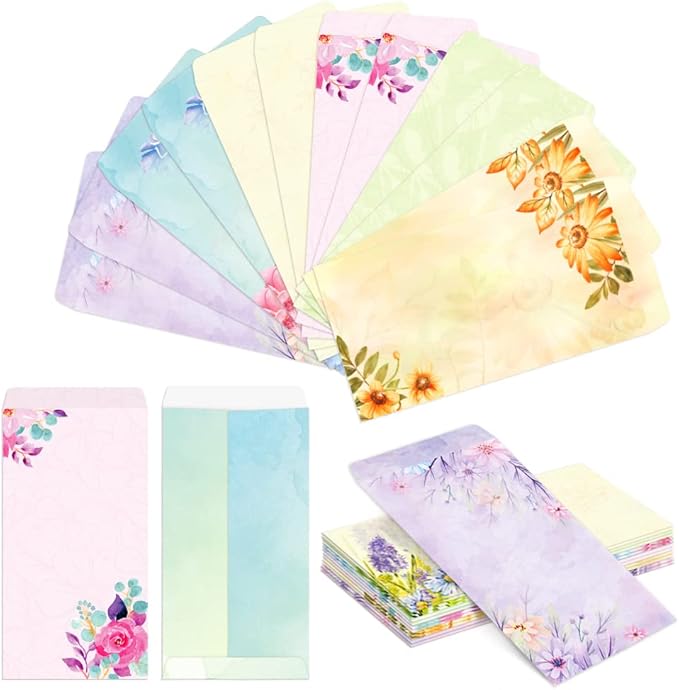 Paper Master Envelope Set 12 Packs Of Flora Letter Envelopes, Decorated Printer Stationery Paper Sets, With a Variety Of Designs And Automatic Aealing，9.7X4.7Inches