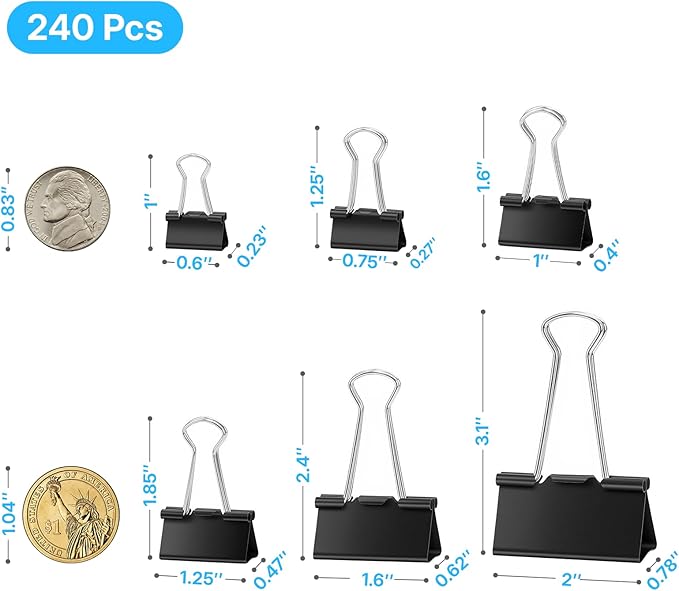 OWLKELA 240 Pcs Black Binder Clips, Paper Clamps, Paper Binder Clip, Assorted Sizes, Metal Black Binder Clips, Ideal for Office, Home and School Supplies