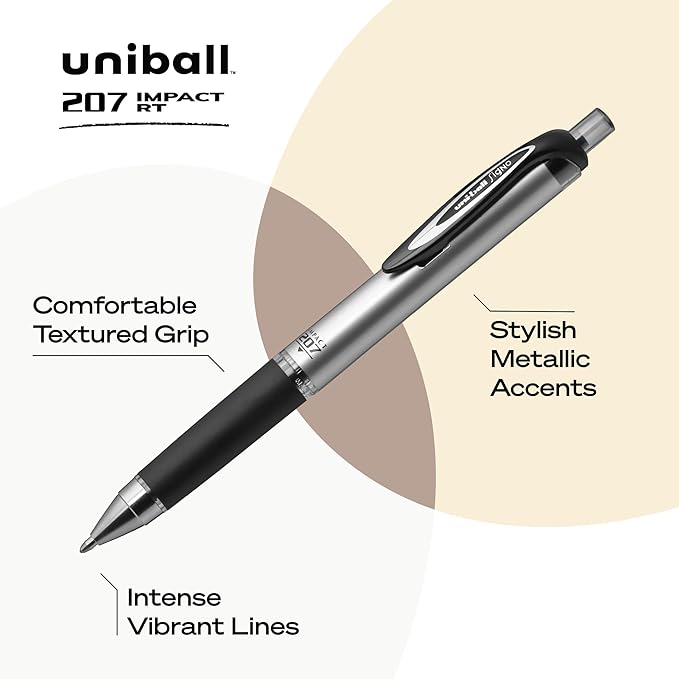 uniball 207 Impact Retractable Gel Pens, Bold Point (1.0mm), Black, 12 Pack